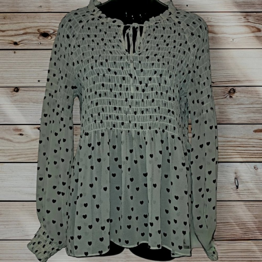 Rose + Olive Sheer Smocked Blouse MEDIUM Long Sleeve White Black Heart Print